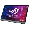 Monitor z wyświetlaczem pokazującym futurystyczne miasto w odcieniach niebieskiego i fioletowego, z logo "REPUBLIC OF GAMERS" na środku. W prawym dolnym rogu ekranu widnieje napis "NVIDIA G-SYNC".
