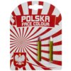 Opakowanie zawiera dwie kredki do twarzy w przezroczystym plastikowym etui, na tle biało-czerwonych promieni. Na górze widnieje napis "POLSKA FACE COLOUR", a poniżej znajduje się herb z białym orłem na czerwonym tle.