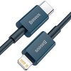 Niebieski kabel USB-Lightning o długości 2 metrów z widocznymi złączami, na których znajduje się logo "Baseus". Kabel ma solidną konstrukcję i gładkie wykończenie.