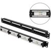 Na zdjęciu znajduje się patch panel z 24 portami, oznaczony jako "Cat.6", z widocznymi numerami portów od 1 do 24. W powiększeniu pokazano schemat połączeń z napisem "COMMUNICATION CIRCUIT ACCESSORY" oraz oznaczeniem "CAT.6".
