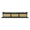 Czarny patch panel z widocznymi złączami i kolorowymi oznaczeniami kabli, zamontowany na metalowej ramie. Na górze panelu znajduje się rząd uchwytów do organizacji kabli oraz podłączony przewód uziemiający.