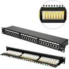 Na zdjęciu znajduje się patch panel z 24 portami oznaczonymi numerami od 1 do 24 oraz napisem "Cat.6". W okrągłym powiększeniu widoczne są złącza z kolorowymi oznaczeniami przewodów.