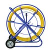 Na zdjęciu znajduje się niebieska konstrukcja z kołami, na której nawinięty jest żółty kabel. Produkt to "Pilot do przeciągania kabli EXTRALINK EX.13872 8 mm x 150 m".