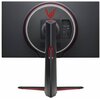 Czarny monitor z czerwonymi akcentami, widziany od tyłu, z okrągłym panelem zawierającym porty USB i HDMI oraz logo w górnej części. Na podstawie monitora widoczny jest napis "UltraGear".