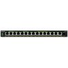 Na zdjęciu widoczny jest czarny switch sieciowy z logo "NETGEAR" po lewej stronie, posiadający 16 portów Ethernet oznaczonych numerami od 1 do 16. Na urządzeniu znajdują się napisy: "Power", "PoE Max", "Ports 1-15 PoE 30 Watts/port max." oraz model "GS316