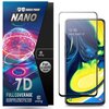 Opakowanie produktu przedstawia kolorową grafikę z napisem "SHOCK PROOF NANO 7D FULL COVERAGE SCREEN PROTECTOR NANO FLEXIBLE GLASS". Widoczne są również logo "crong" oraz informacja "For SG A80/A90 Black". Obok opakowania znajduje się telefon z nałożonym 
