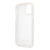 Przezroczyste etui na telefon z brokatowym wykończeniem, przeznaczone do modelu Apple iPhone 11 Pro. Na dole etui widnieje wytłoczony napis "GUESS".