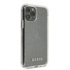 Przezroczyste etui na telefon z brokatowym wykończeniem, przeznaczone dla modelu Apple iPhone 11 Pro. Na dole etui widnieje złoty napis "GUESS".