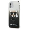 Czarne etui na telefon z gradientowym przejściem do szarości, ozdobione grafiką postaci w okularach przeciwsłonecznych i białym napisem "KARL LAGERFELD" na dole. Etui jest przeznaczone do modelu Apple iPhone 12 Mini.