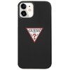 Czarne etui na telefon z wycięciem na aparat, ozdobione czerwonym trójkątnym logo z napisem "GUESS U.S.A." oraz pytajnikiem w środku. Dodatkowo na logo widnieją słowa "WASHED JEANS".