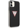 Czarne etui na telefon z przezroczystymi bokami, przeznaczone dla modelu Apple iPhone 12 Mini. Na środku etui znajduje się czerwony trójkąt z białym tłem, w którym widnieje napis "GUESS U.S.A." oraz symbol zapytania.