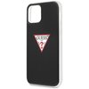 Czarne etui na telefon z wycięciem na aparat, ozdobione czerwonym trójkątnym logo z napisem "GUESS U.S.A." oraz znakiem zapytania. Etui ma przezroczyste boki i jest przeznaczone do modelu Apple iPhone 12 Mini.