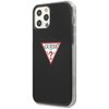 Czarne etui na telefon z widocznym logo "GUESS U.S.A." w kształcie czerwonego trójkąta z białym tłem i czerwonym znakiem zapytania. Wewnątrz trójkąta znajdują się napisy "WASHED", "JEANS" oraz "GUESS".