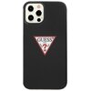 Czarne etui na telefon z widocznym logo "GUESS U.S.A." w kształcie trójkąta, z napisem "U.S.A." oraz pytajnikiem w środku. Etui jest przeznaczone do modelu Apple iPhone 12/12 Pro.
