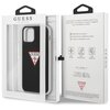 Czarne etui na telefon z przezroczystymi bokami, przeznaczone do modelu Apple iPhone 12/12 Pro. Na tylnej części etui znajduje się czerwony trójkąt z napisem "GUESS U.S.A." oraz symbolem zapytania.