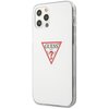 Białe etui na telefon z trzema wycięciami na aparaty fotograficzne. Na środku znajduje się czerwony trójkąt z napisem "GUESS U.S.A." oraz pytajnikiem, a także słowami "WASHED" i "JEANS".