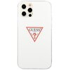 Białe etui na telefon z widocznym logo "GUESS U.S.A." w czerwonym trójkącie, z napisem "Washed Jeans" po bokach. Etui jest przeznaczone do modelu Apple iPhone 12/12 Pro.