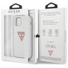Białe etui na telefon z przezroczystymi bokami, zaprojektowane dla Apple iPhone 12/12 Pro. Na tylnej części etui znajduje się czerwony trójkąt z napisem "GUESS U.S.A." oraz symbolem zapytania.