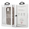 Brązowe etui na telefon z wzorem 4G i napisem "GUESS" na pasku w centralnej części. Etui jest przeznaczone do modelu Apple iPhone 11.