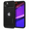 Czarne etui na telefon z wycięciem na logo w kształcie jabłka oraz tekstem "spigen" wzdłuż boku. Obok etui widoczny jest telefon z wyświetlaczem pokazującym godzinę 02:45 i datę MAR 28 na tle gradientu fioletowo-czerwonego.