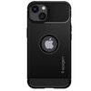 Czarne etui na telefon z wycięciem na logo Apple pośrodku oraz tekstem "Spigen" umieszczonym pionowo. W górnej części widoczne są dwa otwory na aparaty oraz dodatkowe detale w postaci teksturowanych elementów.
