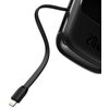 Czarny powerbank z widocznym napisem "20W" oraz podłączonym kablem Lightning. Produkt ma zaokrąglone krawędzie i gładką powierzchnię.