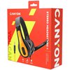 Czerwone opakowanie z widocznym logo "CANYON" zawiera czarno-żółte słuchawki nauszne z mikrofonem. Na opakowaniu znajduje się tekst: "STEREO HEADSET HSC-1", "Lightweight and comfortable", oraz "YOU CAN".