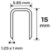 Na ilustracji widoczny jest schemat zszywki z wymiarami: szerokość 5,85 mm, wysokość 15 mm oraz grubość 1,25 x 1 mm. Wszystkie wymiary są podane w milimetrach.