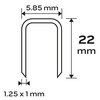 Na ilustracji widoczny jest schemat zszywki z wymiarami: szerokość 5,85 mm, wysokość 22 mm oraz grubość 1,25 x 1 mm.