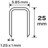 Na ilustracji widoczny jest schemat zszywki z wymiarami: szerokość 5,85 mm, wysokość 25 mm oraz grubość 1,25 x 1 mm.