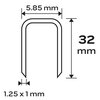 Na ilustracji znajduje się schemat zszywki z wymiarami: szerokość 5,85 mm, wysokość 32 mm oraz grubość 1,25 x 1 mm.