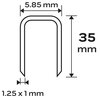 Na ilustracji widoczny jest schemat zszywki z wymiarami: szerokość 5,85 mm, wysokość 35 mm oraz grubość 1,25 x 1 mm.