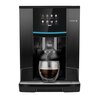 Czarny ekspres do kawy z wyświetlaczem dotykowym, na którym widoczne są ikony napojów: Espresso, Coffee, Cappuccino, Latte, Milk, Water, Powder, Set Up. Na obudowie znajduje się logo "teesa", a poniżej widać filiżankę z kawą.