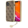 Brązowe etui na telefon z kolekcji GUESS 4G Charms Collection, ozdobione wzorem z logo 4G i napisem "GUESS" w dolnej części. Etui posiada złoty brelok z zawieszką, a na ekranie telefonu widoczna jest godzina 9:41 oraz data "Tuesday, 20 March".