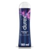 Na zdjęciu znajduje się ciemnoniebieska butelka z przezroczystą nakrętką, na której widnieje napis "durex" w pionie, a poniżej "PERFECT GLISS ŻEL INTYMNY SILIKONOWY 50 ml". W tle etykiety widoczne są fioletowo-różowe wzory.