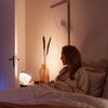 Na zdjęciu znajduje się lampa biurkowa emitująca ciepłe światło, ustawiona na stoliku obok łóżka. Obok lampy stoi ozdobny wazon z trawą, a na ścianie wisi obraz z delikatnym wzorem.