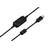 Czarny kabel z wbudowanym panelem sterowania, na którym znajdują się przyciski i przełączniki, oraz złączem USB. Na panelu widoczne są symbole mikrofonu i słuchawek.