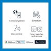 Na zdjęciu widoczne są cztery ikony z podpisami: "Control anywhere", "Schedules", "Voice control" oraz "Smart switches and sensors". Na dole znajdują się logotypy z napisami: "works with Google Home", "works with Alexa", "works with Siri Shortcuts" oraz "