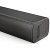 Czarny soundbar z widoczną perforowaną osłoną głośnika oraz przyciskami na bocznej krawędzi, oznaczonymi symbolami: włączania, zmniejszania i zwiększania głośności oraz przełączania źródła dźwięku. Produkt ma nowoczesny design z zaokrąglonymi krawędziami.