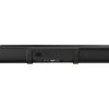 Czarny soundbar z widocznymi portami z tyłu, w tym złączami HDMI, USB, optycznym i zasilania. Na obudowie znajdują się również dwa przyciski oraz nieczytelne oznaczenia.