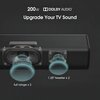 Na zdjęciu widoczny jest czarny soundbar z oznaczeniami "200W", "DOLBY AUDIO", "Upgrade Your TV Sound", "full range x 2" oraz "1.25'' tweeter x 2". Soundbar ma perforowaną powierzchnię z widocznymi głośnikami.