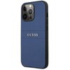 Niebieskie etui na telefon z teksturą saffiano, przeznaczone dla modelu Apple iPhone 13 Pro Max. Na środku etui widnieje srebrny napis "GUESS".