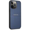 Niebieskie etui na telefon z teksturą saffiano, przeznaczone dla modelu Apple iPhone 13 Pro Max. Na środku etui widnieje srebrny napis "GUESS".