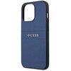 Niebieskie etui na telefon z teksturą saffiano, z dużym wycięciem na aparat i czarnymi bokami. Na środku etui widnieje srebrny napis "GUESS".