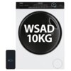 Na zdjęciu znajduje się pralka z dużym, czarnym bębnem, na którym widnieje napis "WSAD 10KG". Obok pralki widoczny jest smartfon z logo "hOn" na ekranie.