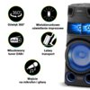Na zdjęciu widoczny jest fragment głośnika z logo "SONY" oraz ikony z opisami: "Dźwięk 360°", "Wielokierunkowe oświetlenie imprezowe", "Wbudowany tuner DAB+", "Łatwy transport", "Wejście na mikrofon i gitarę". Głośnik ma niebieskie podświetlenie i okrągłe