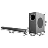 Na zdjęciu znajduje się szary soundbar i subwoofer z widocznymi wymiarami: soundbar ma 960 mm długości, 78 mm szerokości i 70 mm wysokości, a subwoofer ma 170 mm szerokości, 306 mm głębokości i 380 mm wysokości. Na obu urządzeniach widoczne jest logo "BLA