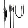 Na zdjęciu widoczne są różne kable i złącza, w tym USB, jack 3,5 mm oraz rozdzielacz z dwoma wtykami oznaczonymi kolorami zielonym i czerwonym. Obok znajduje się czarny pilot z napisem "ON" i "OFF".