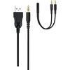 Na zdjęciu widoczne są dwa kable: jeden z końcówką USB i wtykiem audio, a drugi z rozdzielaczem audio na dwa wtyki. Kable mają czarny, pleciony oplot.