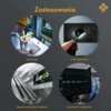 Na zdjęciu widoczne są cztery okrągłe fotografie przedstawiające różne zastosowania: przemysł, kina domowe, ekrany wielkoformatowe oraz placówki medyczne, z napisem "Zastosowania" u góry i logo "claroc" na jednej z fotografii.